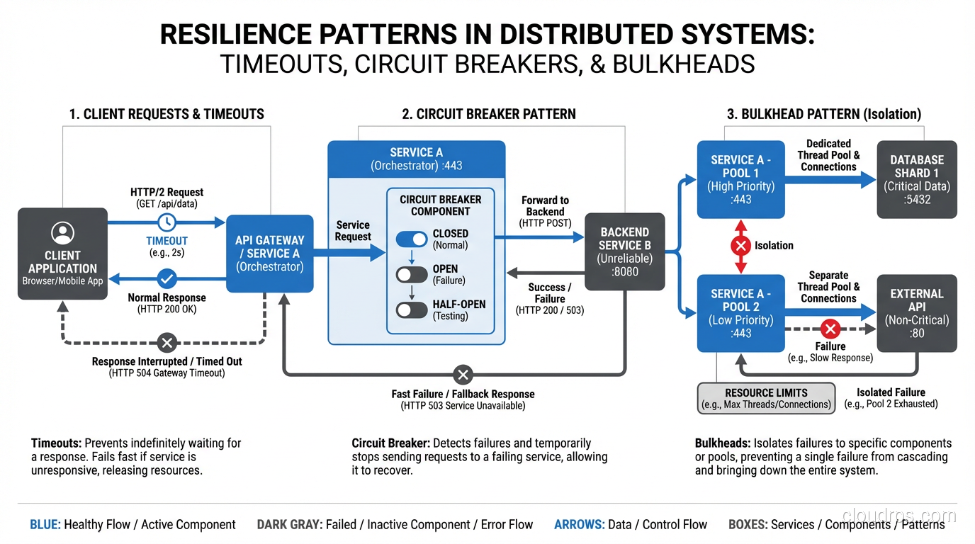 Resilience patterns diagram showing timeouts, circuit breakers, and bulkheads