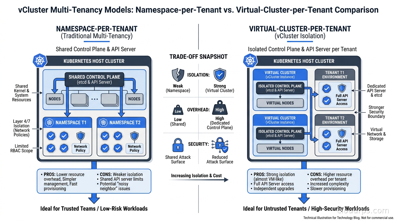 vCluster multi-tenancy models showing namespace-per-tenant versus virtual-cluster-per-tenant trade-off comparison