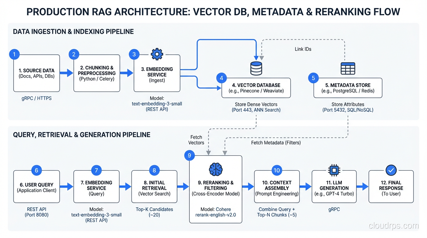 Production RAG architecture with vector database, metadata store, and reranking