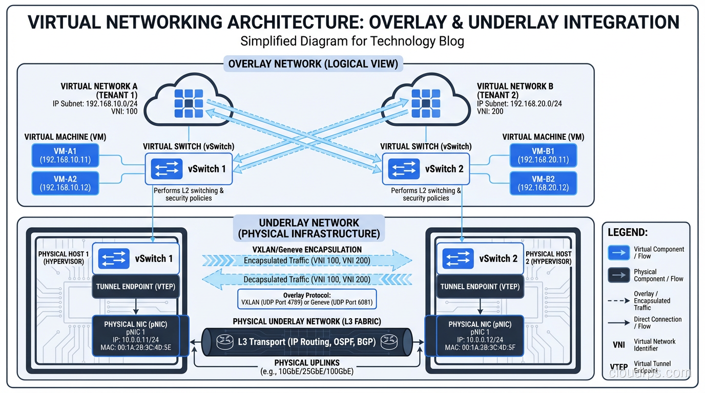 Virtual networking architecture showing virtual switches, overlay networks, and physical uplinks