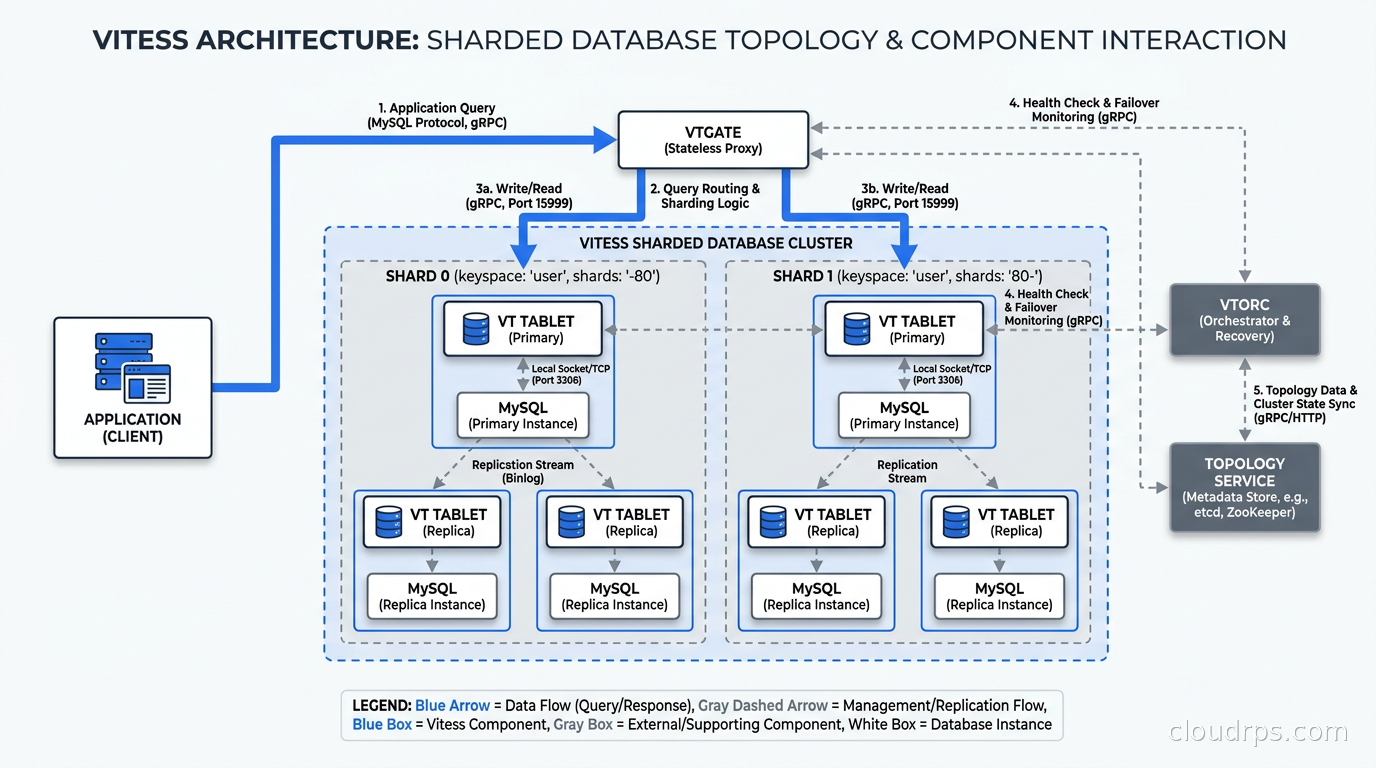 Vitess architecture showing VTGate, VTTablet, VTorc, and topology service components