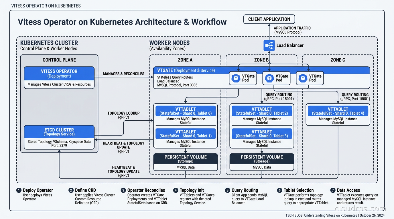 Vitess Operator on Kubernetes showing VTGate deployment, VTTablet StatefulSets across availability zones, and etcd topology service