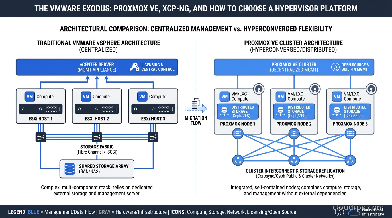 Side-by-side comparison of VMware vSphere architecture versus Proxmox VE cluster architecture on server hardware