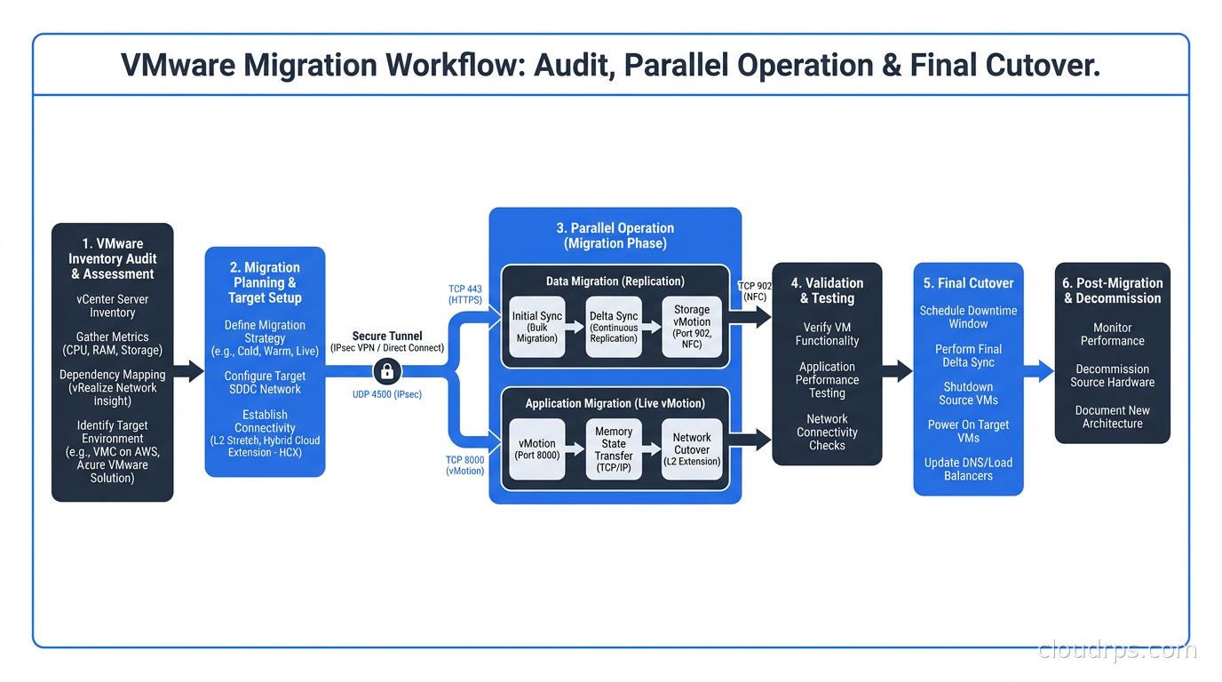 Migration workflow from VMware inventory audit through parallel operation to final cutover