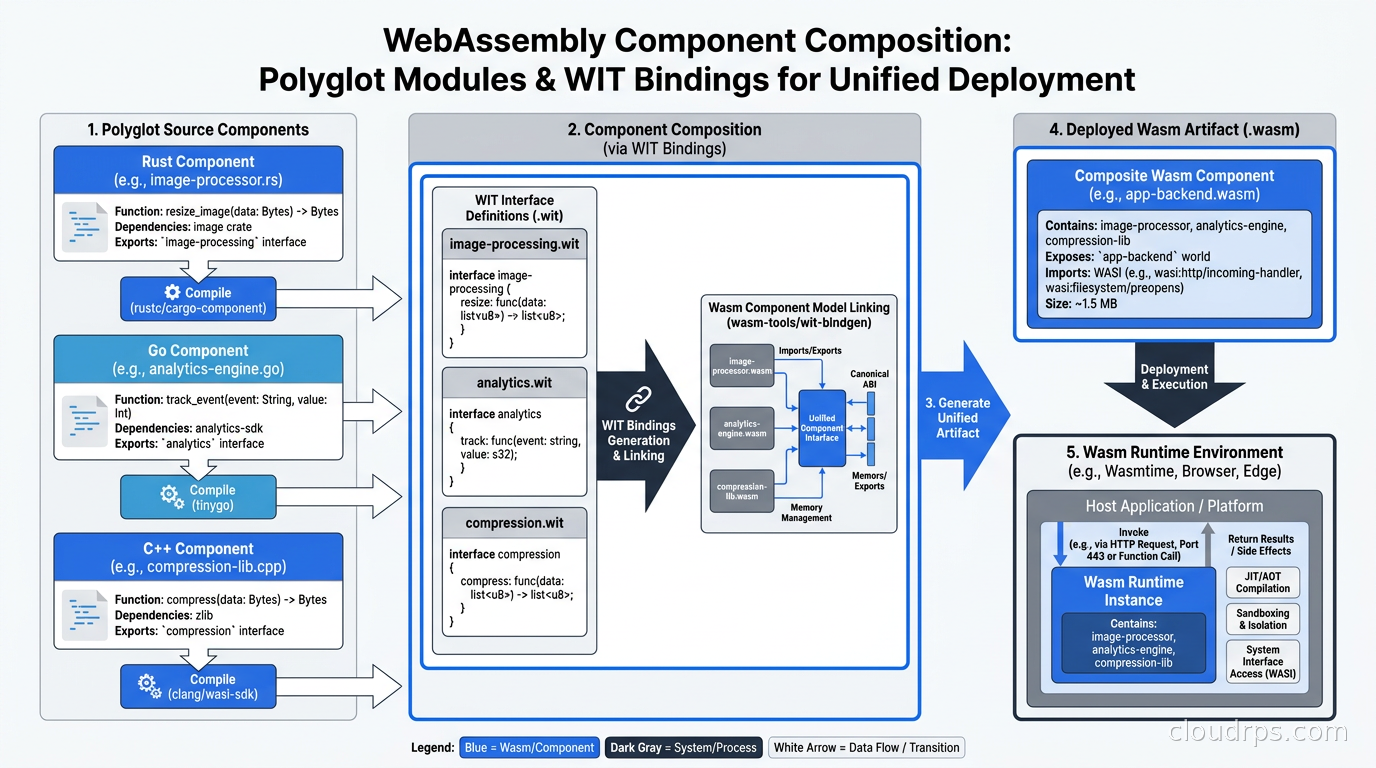 WebAssembly component composition showing polyglot components linked through WIT bindings into a single deployed artifact