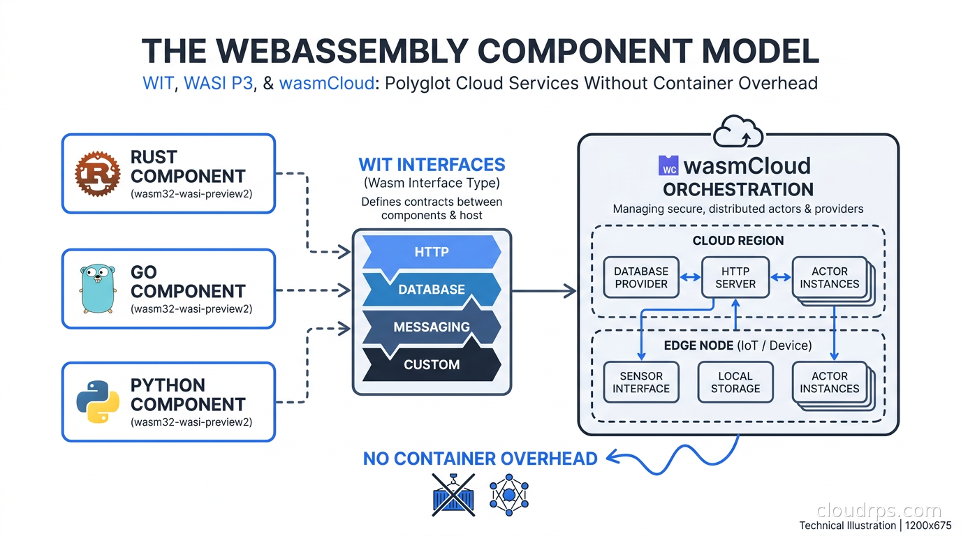 Diagram showing multiple WebAssembly components written in different languages (Rust, Go, Python) composed together through WIT interfaces with wasmCloud orchestrating them across edge and cloud