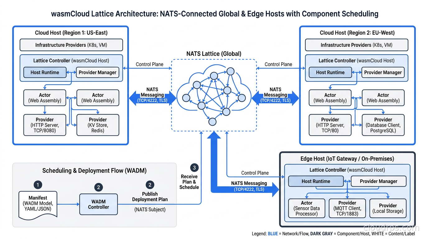wasmCloud lattice architecture showing NATS-connected hosts across cloud regions and edge nodes with component scheduling