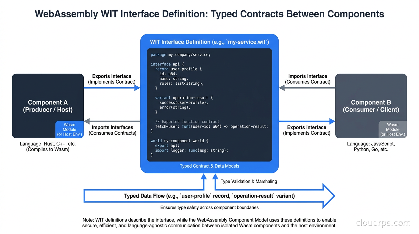 WebAssembly WIT interface definition showing typed contracts between components