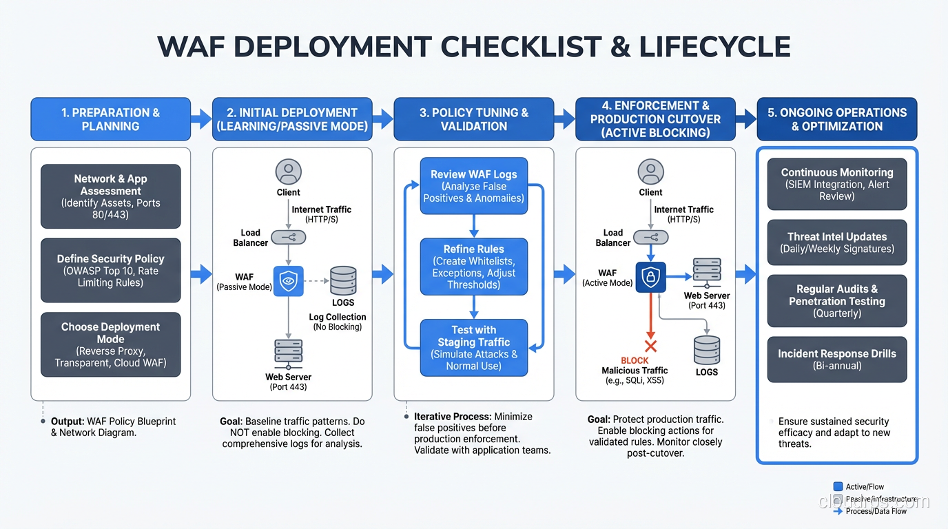WAF deployment checklist showing key phases from initial deployment to ongoing operations