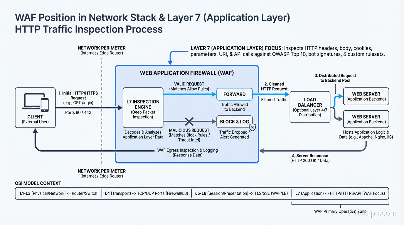 WAF position in the network stack showing inspection of HTTP traffic at Layer 7