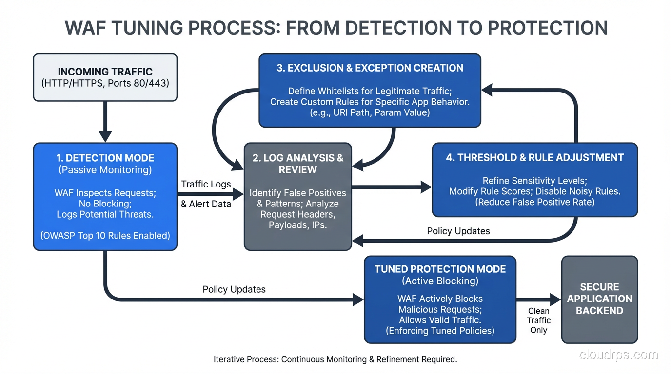 WAF tuning process showing detection mode, analysis, exclusion creation, and threshold adjustment