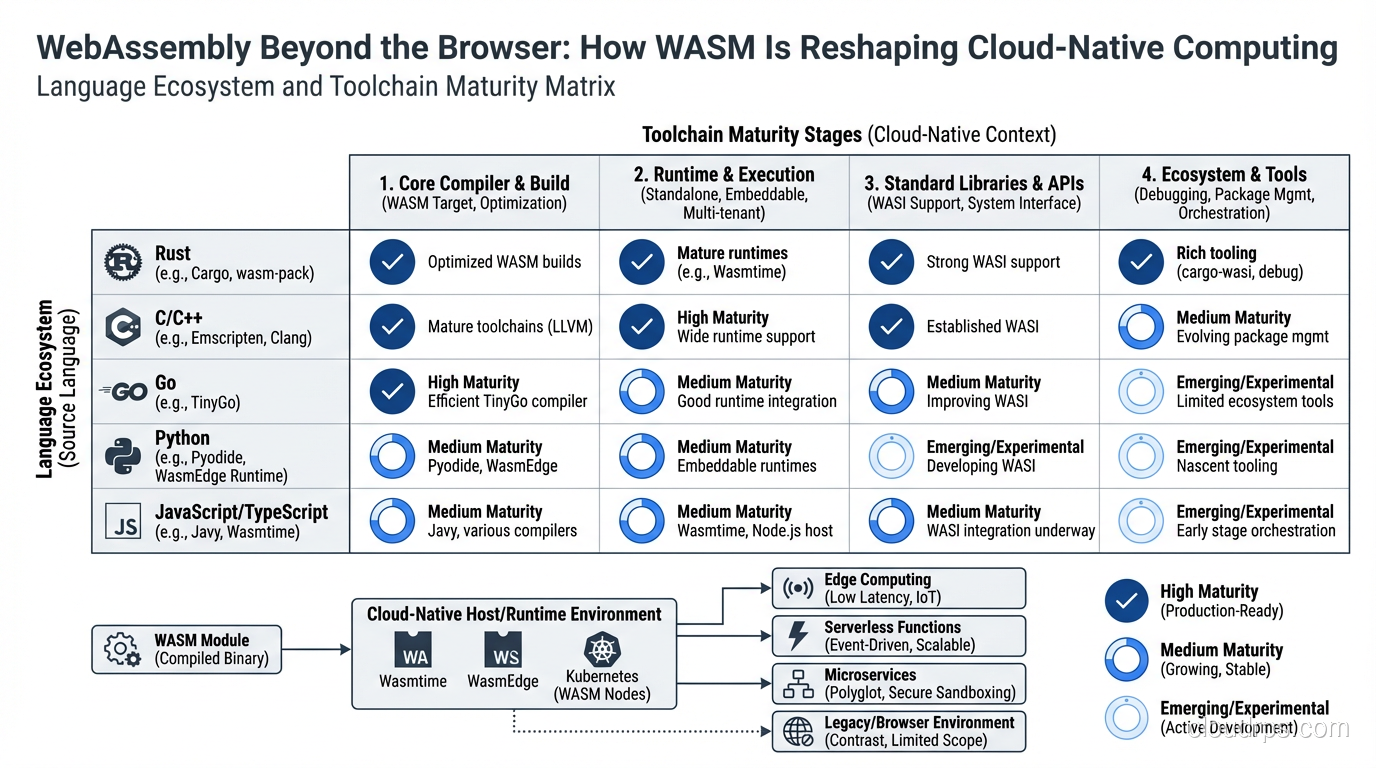 WebAssembly language ecosystem and toolchain maturity matrix