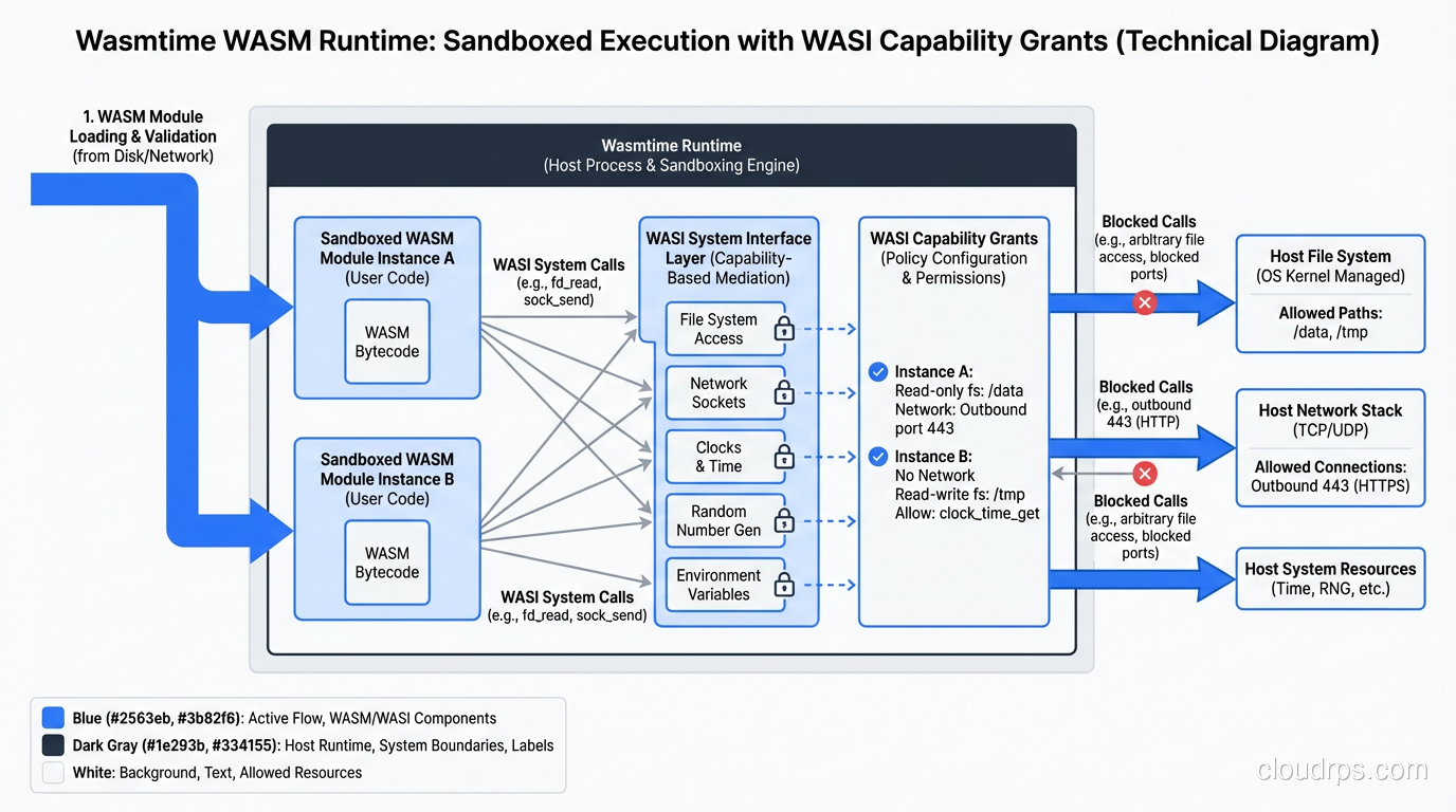 WASM runtime architecture diagram showing Wasmtime executing sandboxed modules with WASI capability grants