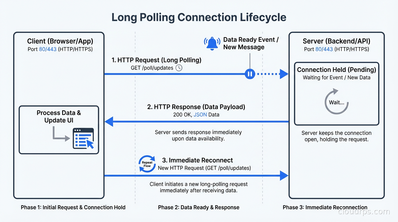 Long polling connection lifecycle showing held HTTP request, server response, and immediate reconnect