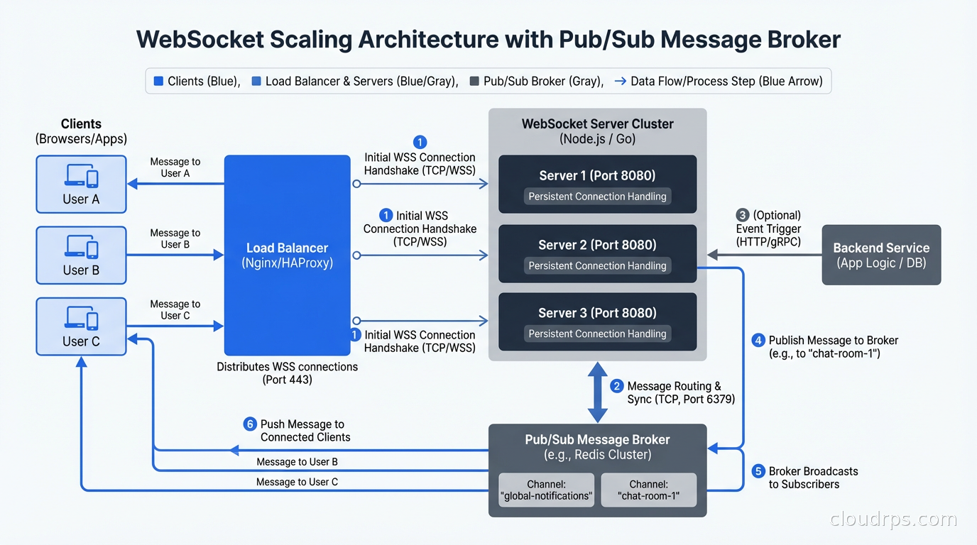 WebSocket scaling architecture with pub/sub broker for cross-server message routing