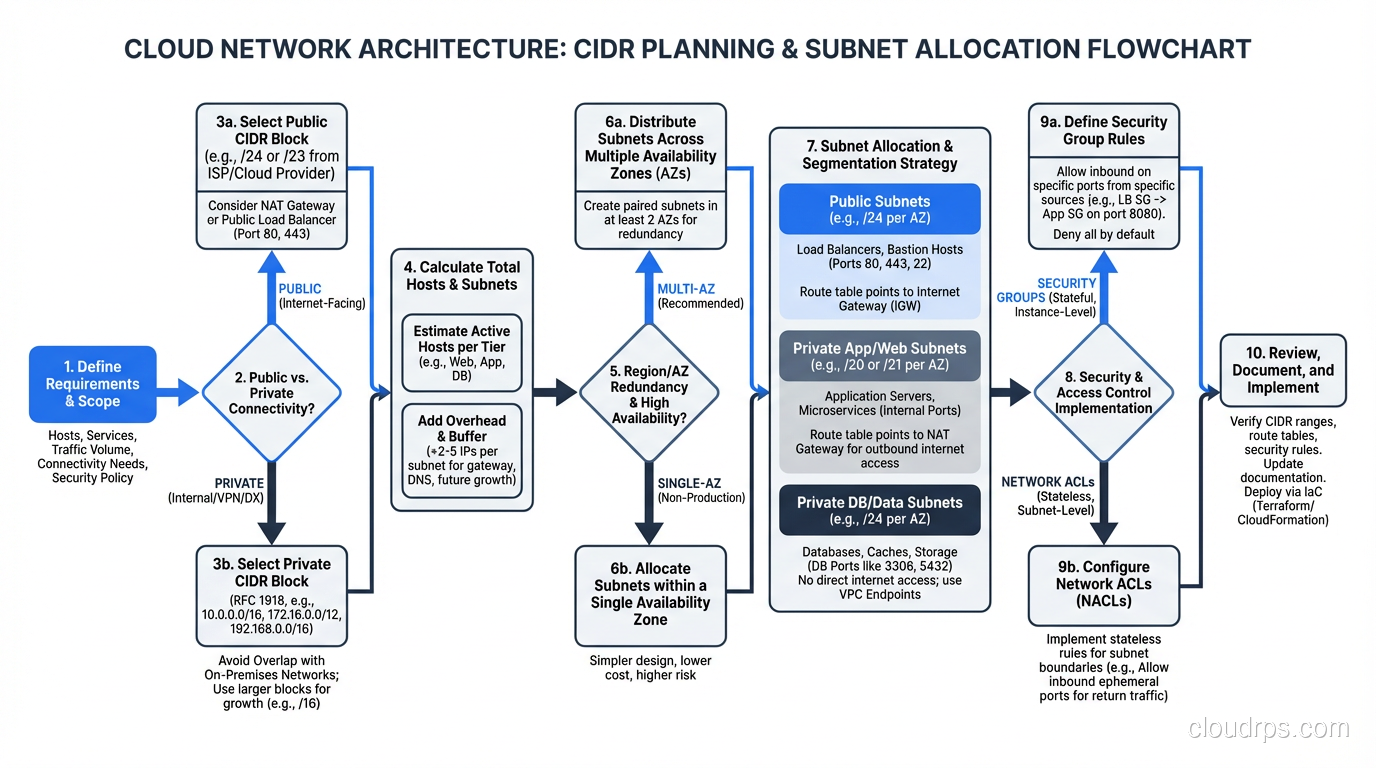 Flowchart for CIDR planning decisions when designing cloud network architecture