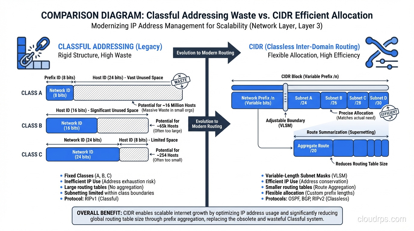 Comparison of classful addressing waste vs CIDR efficient allocation