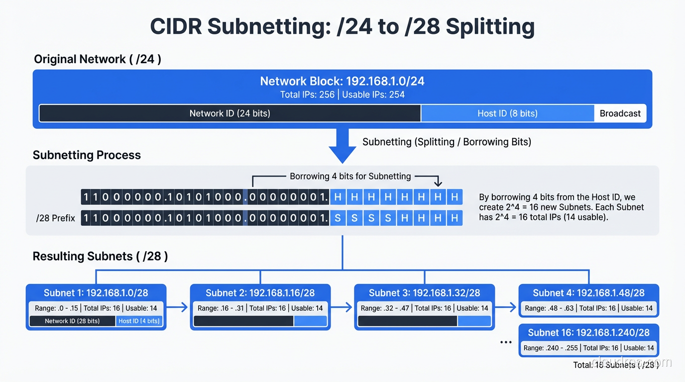 Visual representation of subnet splitting from /24 down to /28