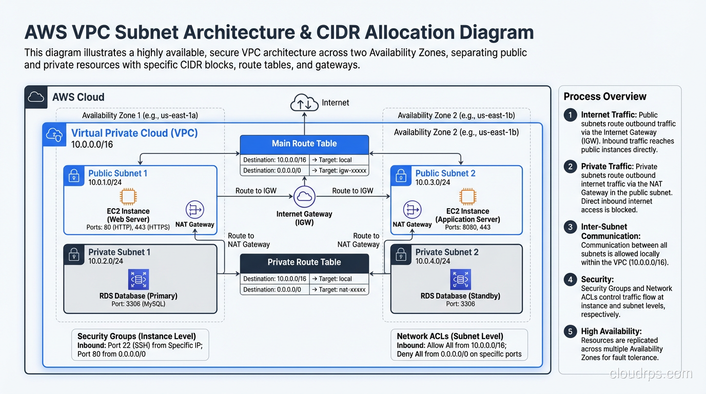 AWS VPC subnet layout diagram showing CIDR block allocation