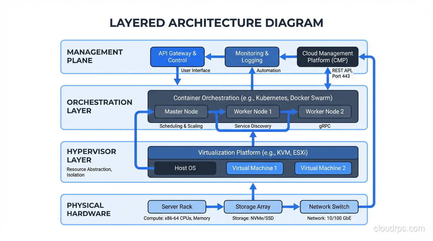 Layered diagram showing physical hardware, hypervisors, orchestration, and management plane