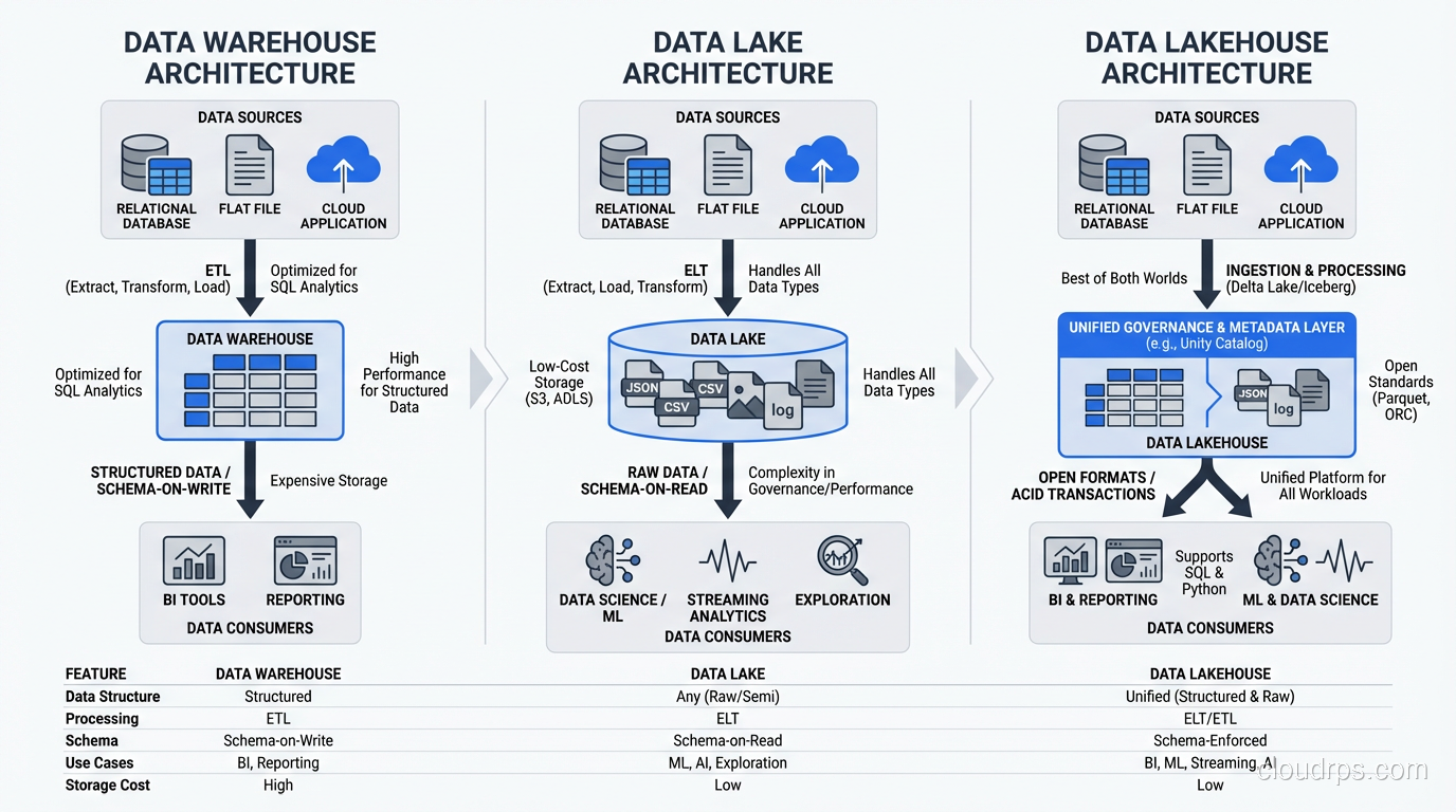 Comparison diagram showing data warehouse, data lake, and lakehouse architectures side by side