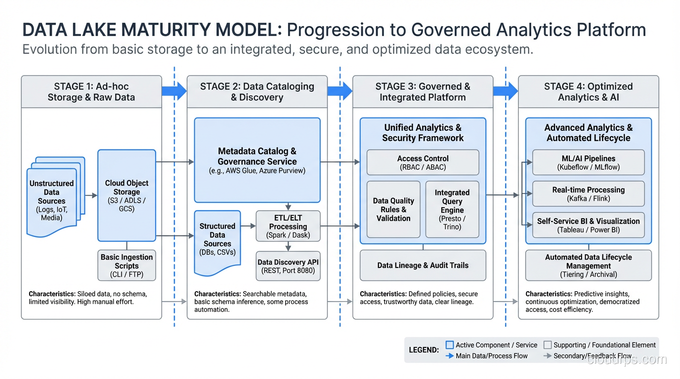 Data lake maturity model showing progression from basic storage to governed analytics platform