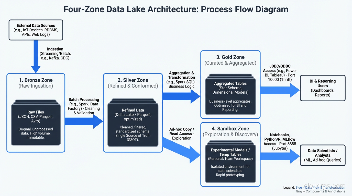 Four-zone data lake architecture showing Bronze, Silver, Gold, and Sandbox layers