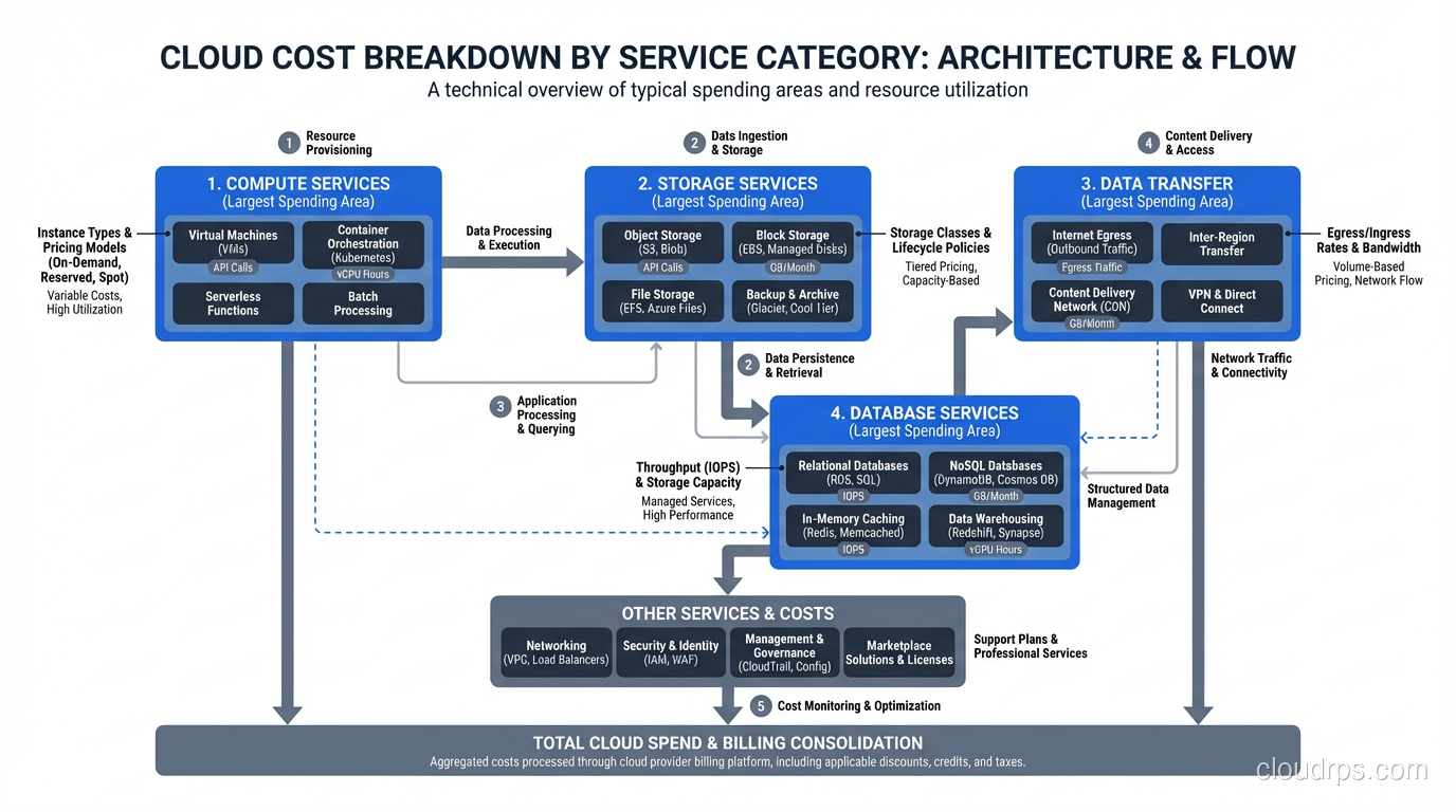 Diagram showing a typical cloud cost breakdown by service category, with compute, storage, data transfer, and database services as the largest spending areas