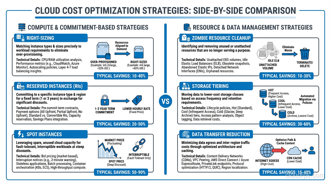 Comparison of cloud cost optimization strategies including right-sizing, reserved instances, spot instances, zombie resource cleanup, storage tiering, and data transfer reduction, with typical savings percentages for each
