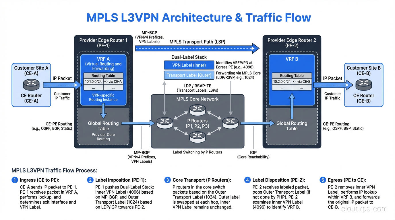 Diagram of an MPLS network showing label push, swap, and pop operations across provider routers