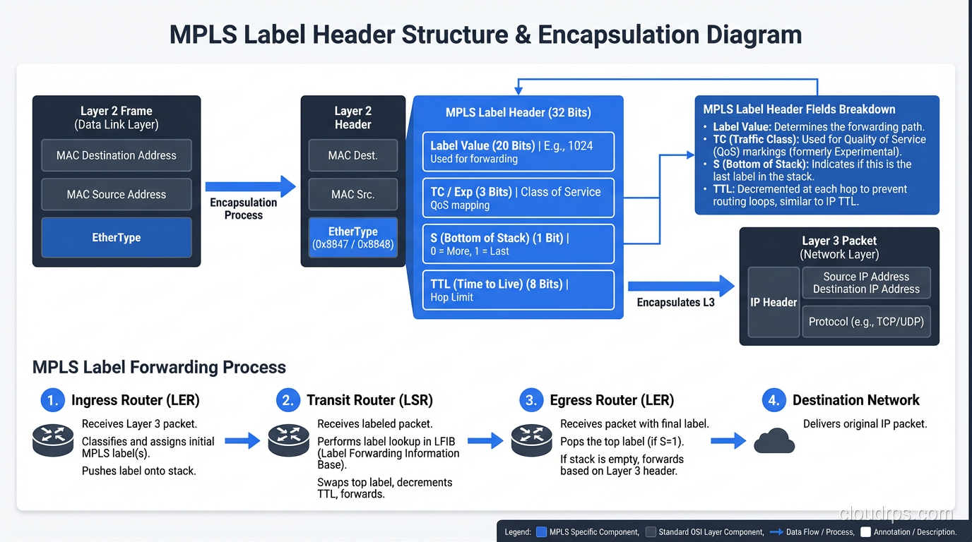 The MPLS label header structure positioned between Layer 2 and Layer 3 headers