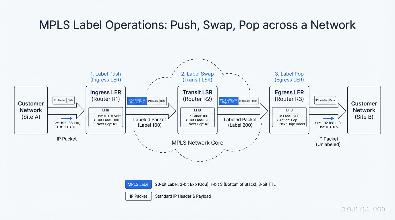Step-by-step diagram showing label push, swap, and pop operations across an MPLS network