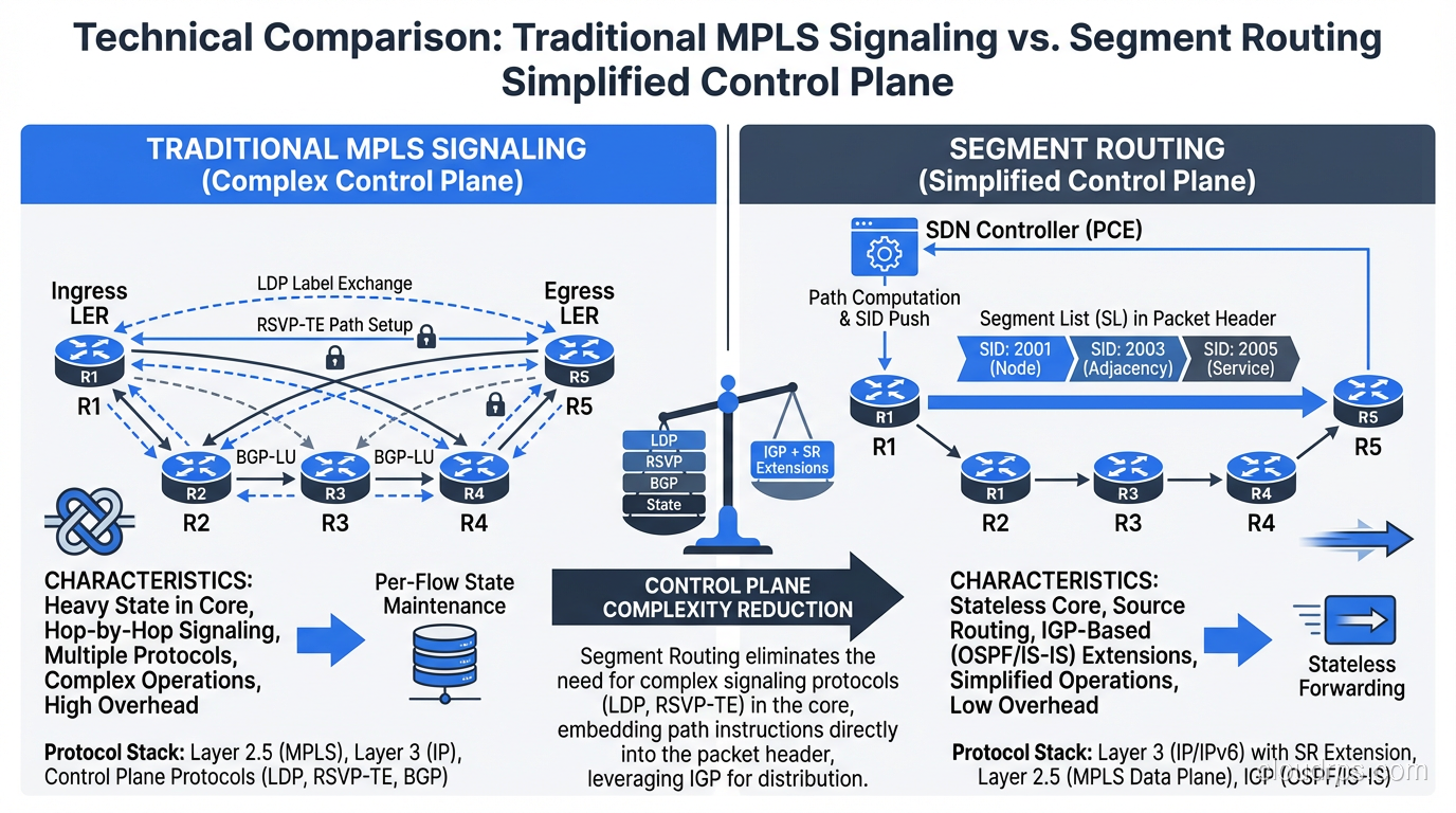 Comparison diagram showing traditional MPLS signaling vs Segment Routing simplified control plane