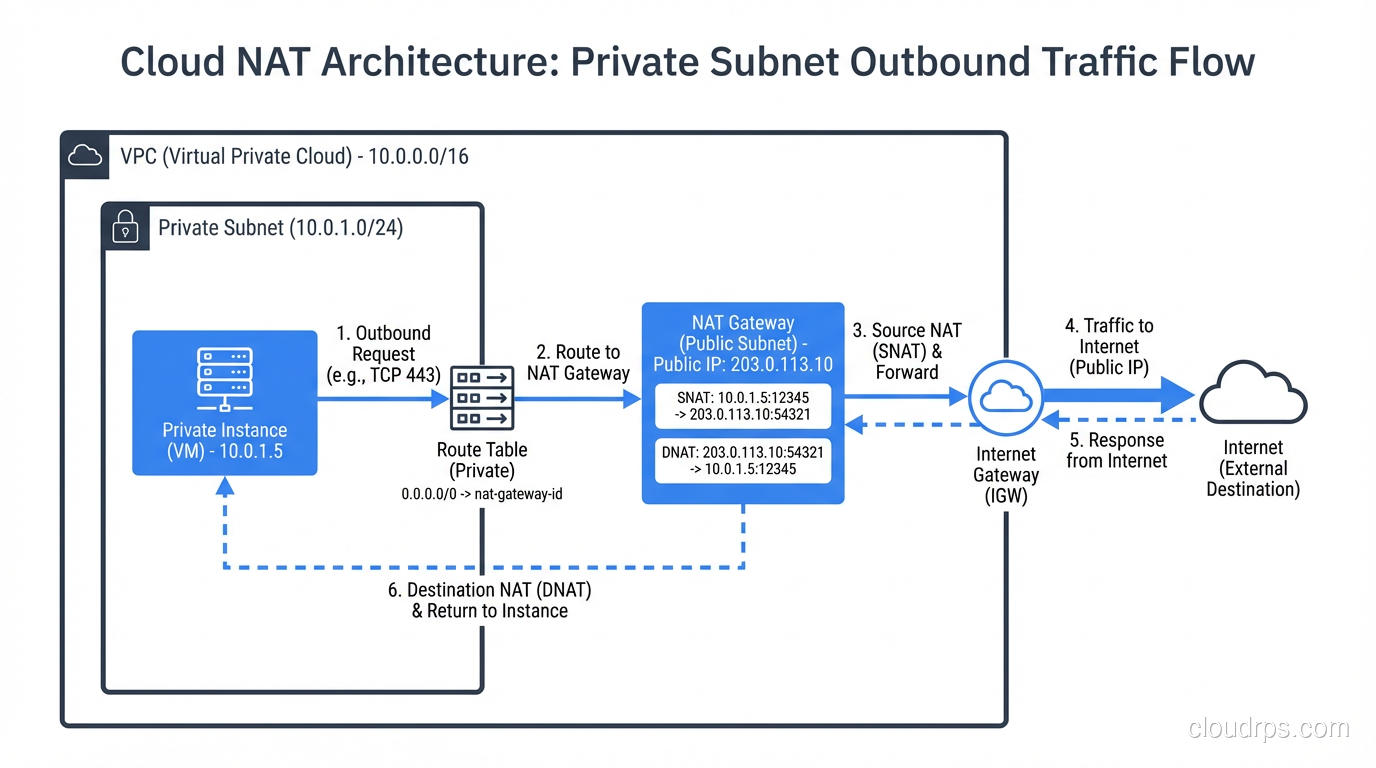 Cloud NAT architecture showing private subnets routing through NAT gateways