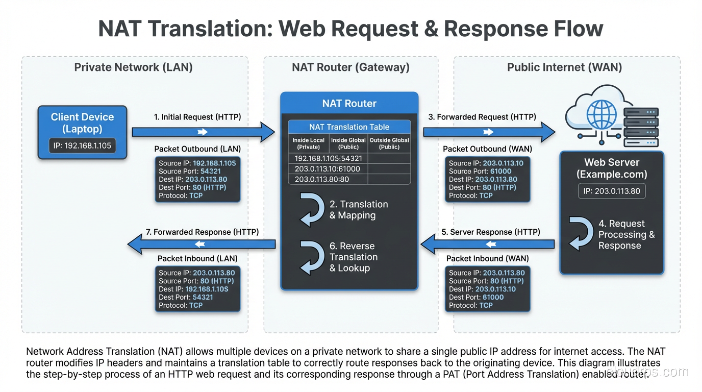 Step-by-step diagram of a NAT translation for a web request and response