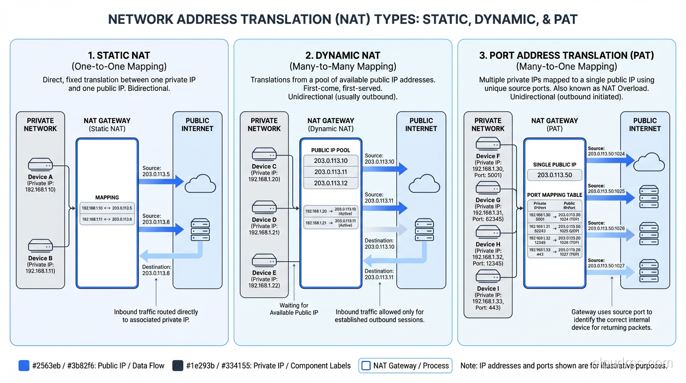 Diagram comparing Static NAT, Dynamic NAT, and PAT side by side