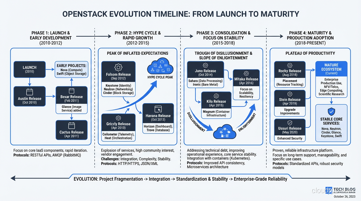Timeline showing OpenStack&rsquo;s evolution from launch through hype cycle to current maturity