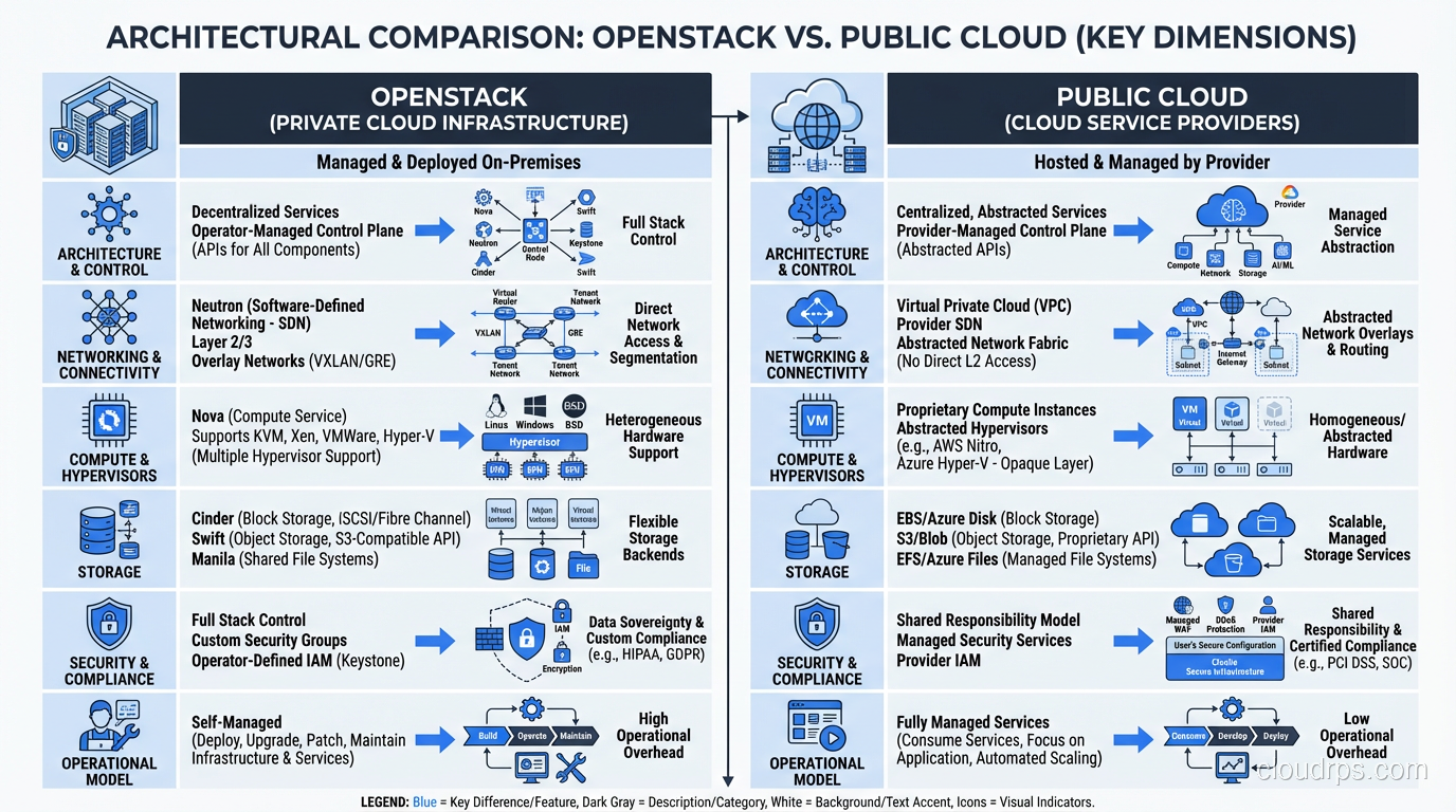 Comparison chart of OpenStack vs public cloud across key dimensions