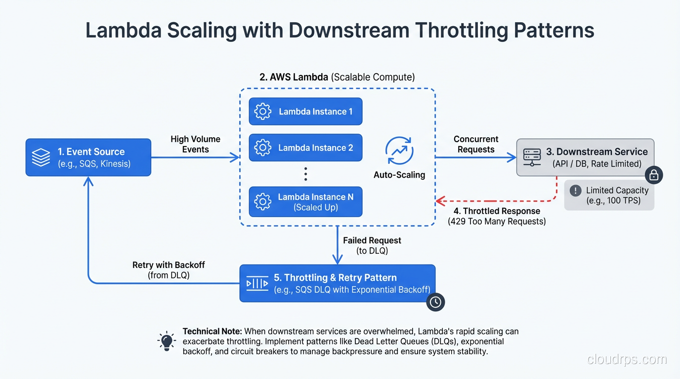 Architecture diagram showing Lambda scaling with downstream throttling patterns
