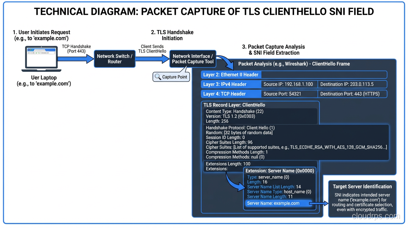 Packet capture showing the SNI field inside a TLS ClientHello message