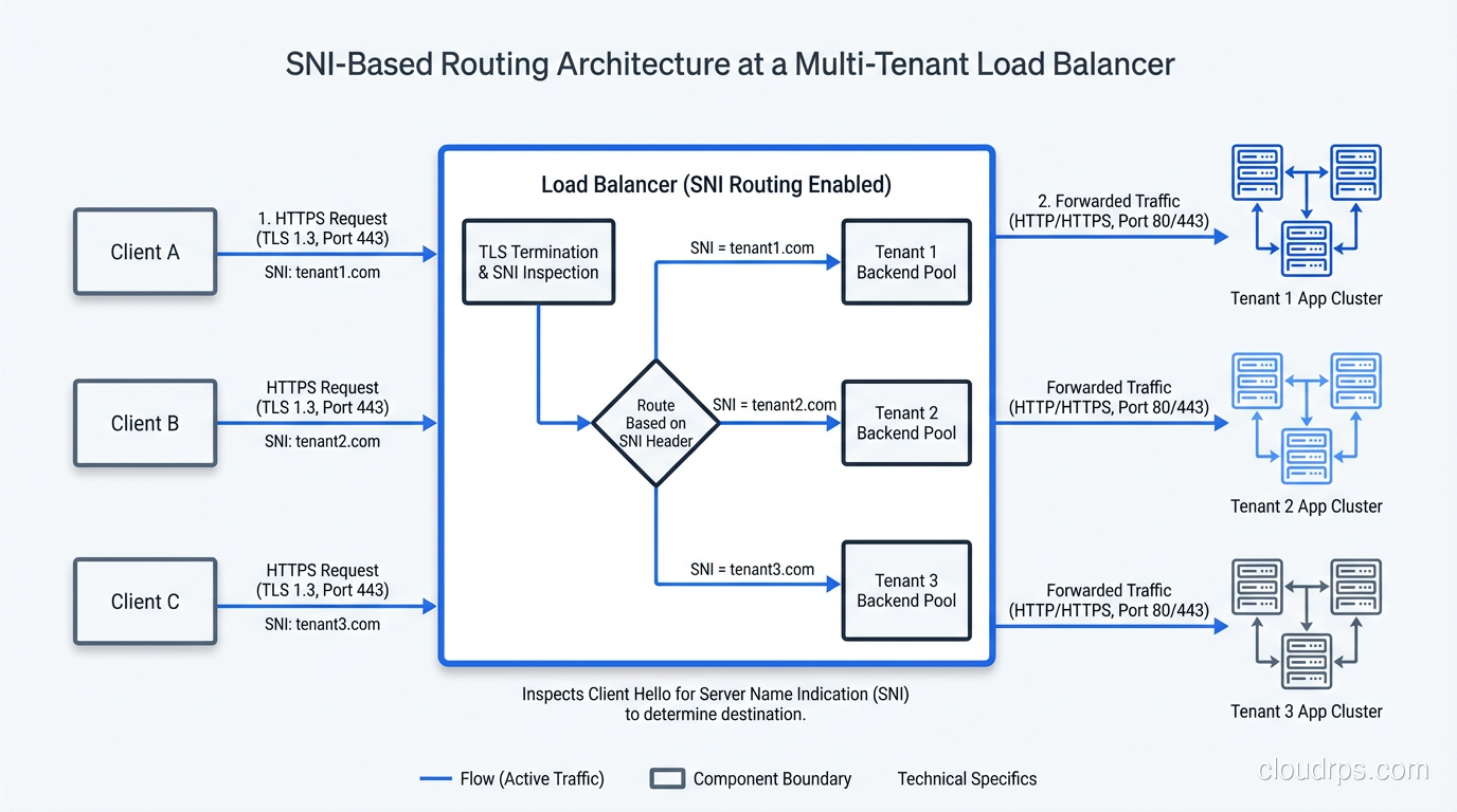 Architecture diagram showing SNI-based routing at a load balancer serving multiple tenant domains