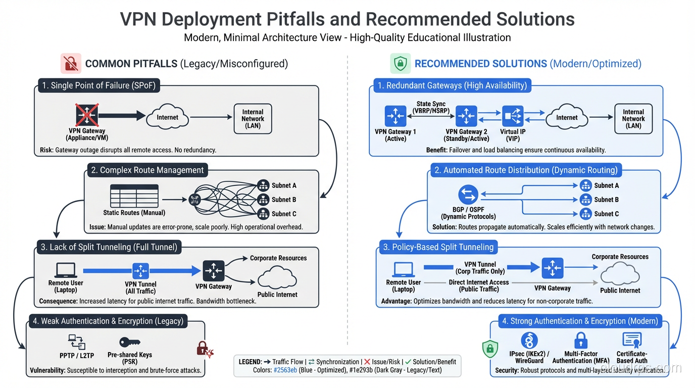 Diagram showing common VPN deployment pitfalls and their solutions