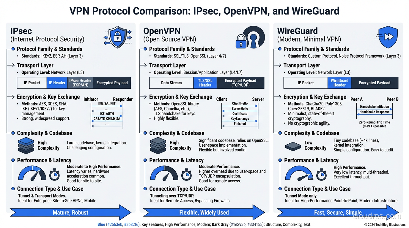 Comparison chart of IPsec, OpenVPN, and WireGuard features and performance