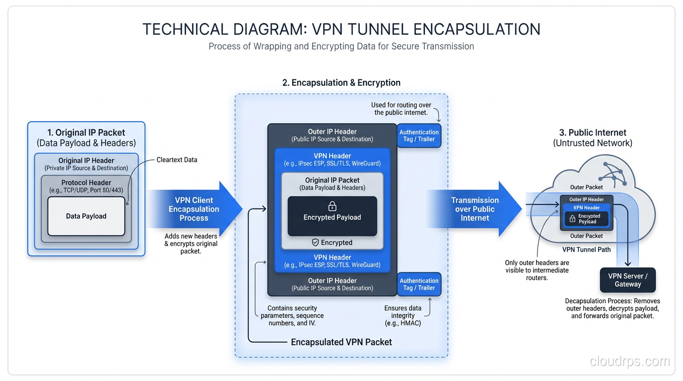 Illustration of VPN tunnel encapsulation showing original packet wrapped in encrypted outer packet
