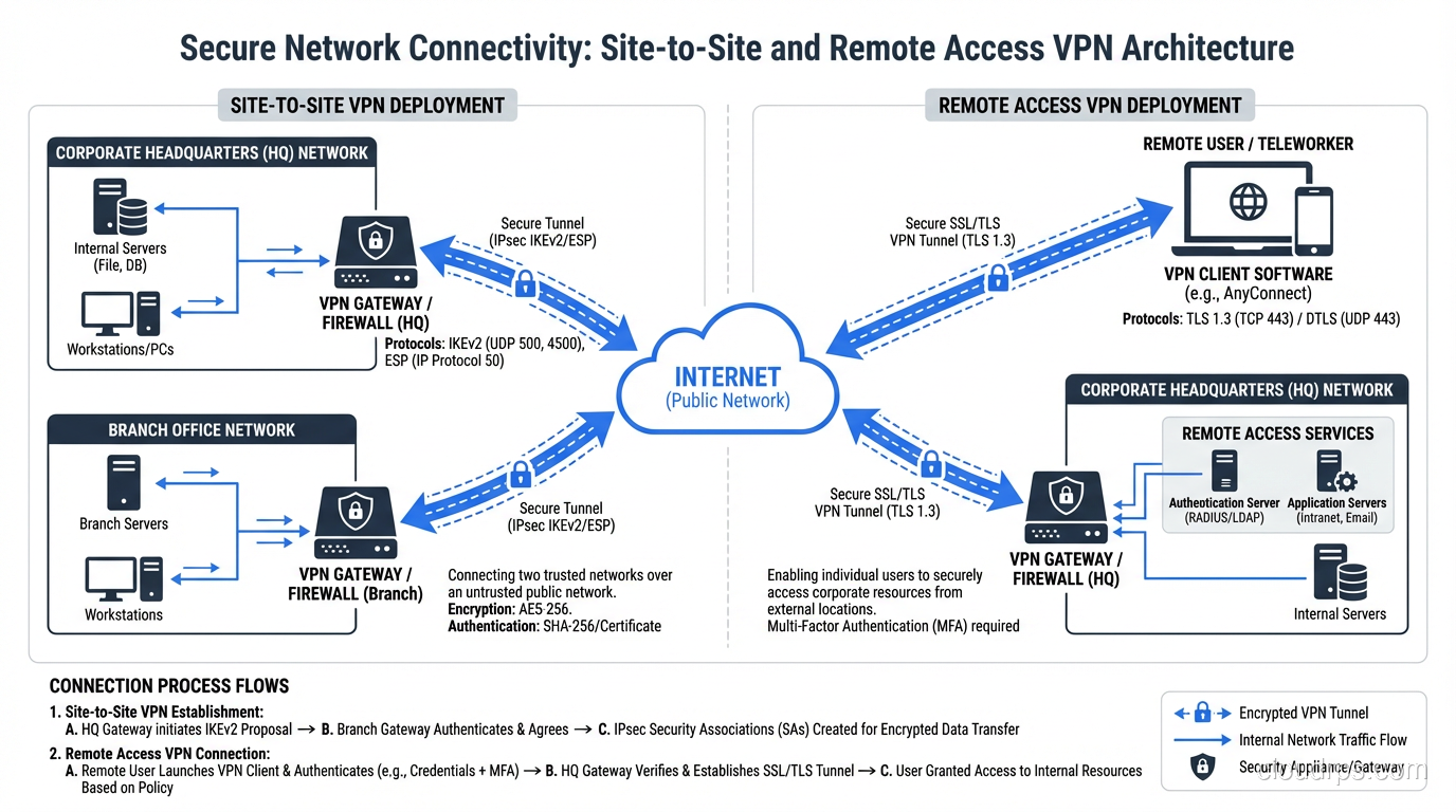 Architecture diagram showing site-to-site and remote access VPN deployments