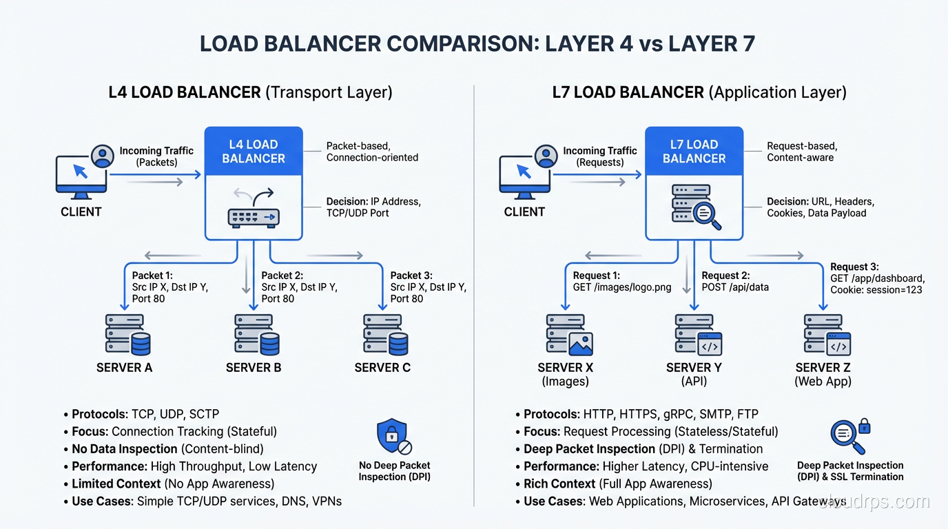 L4 vs L7 load balancer comparison showing packet handling differences