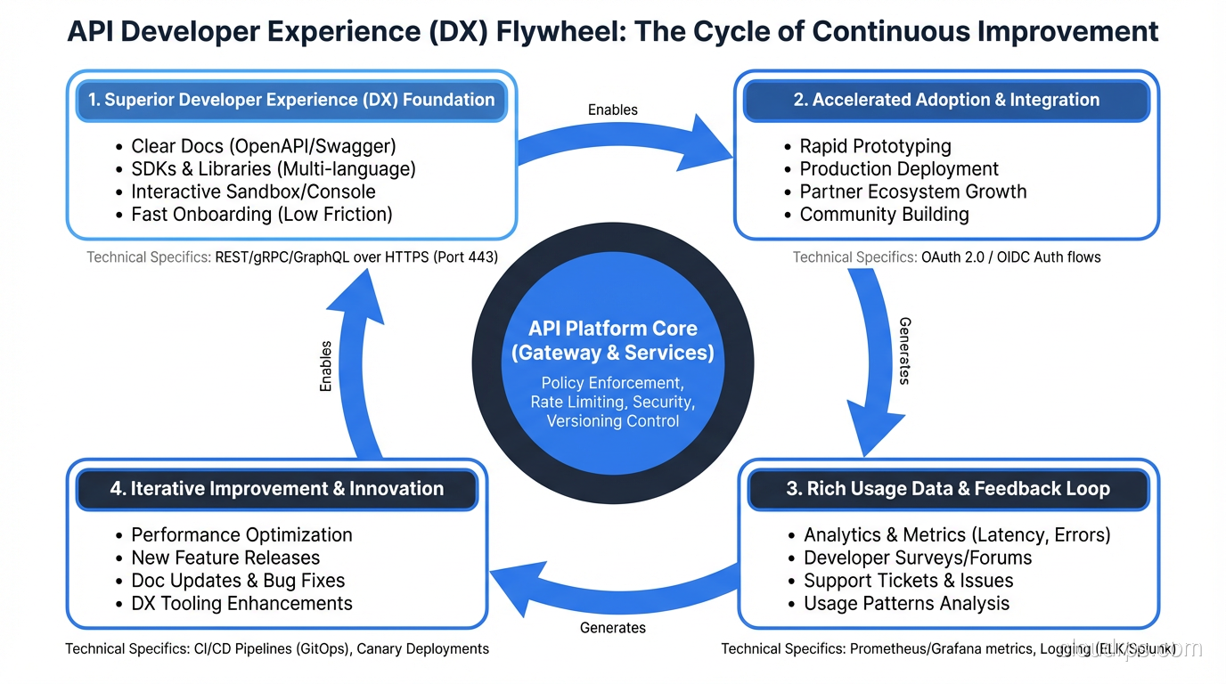 API developer experience flywheel showing how good DX leads to adoption, feedback, and improvement