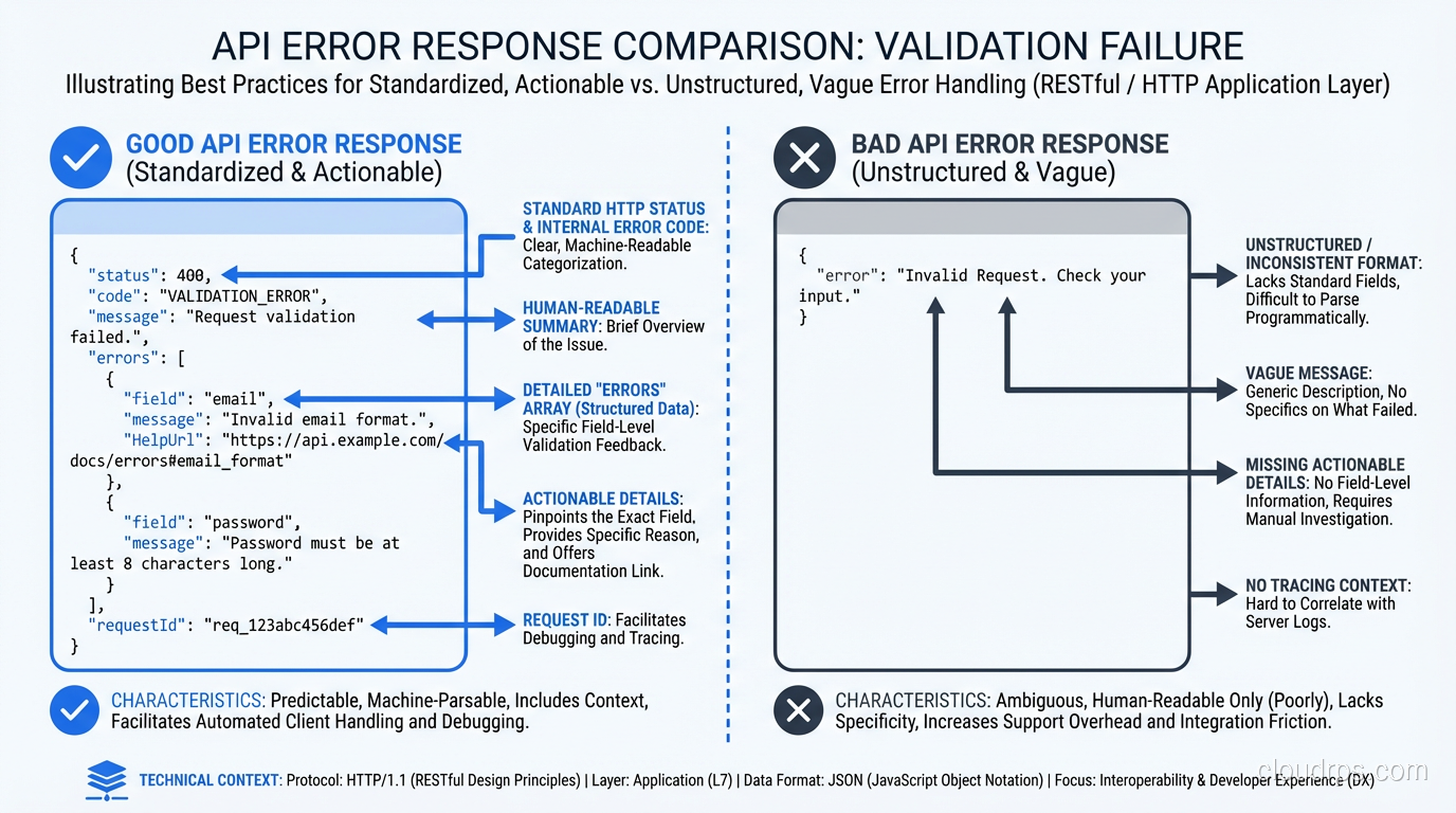Example of good vs bad API error responses with the same validation failure