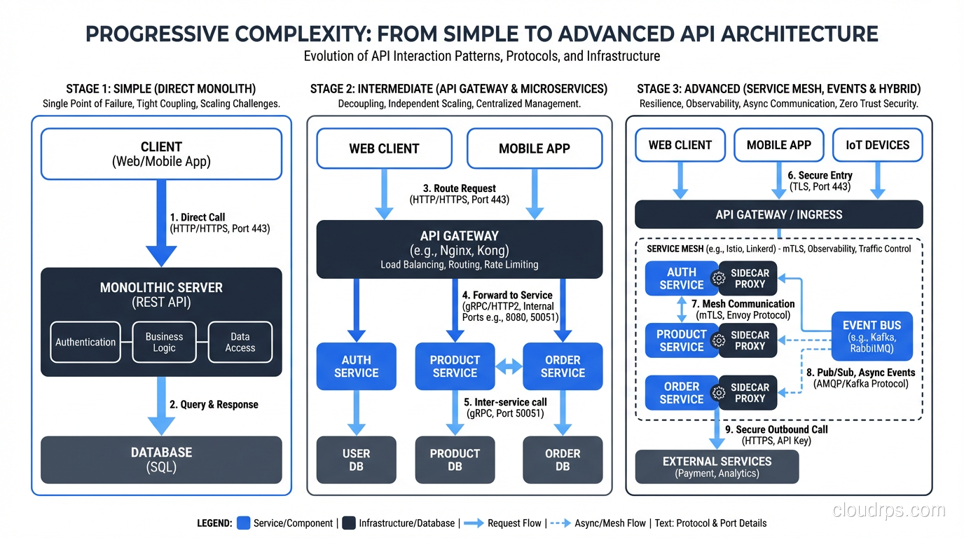 Progressive complexity diagram showing simple to advanced API usage