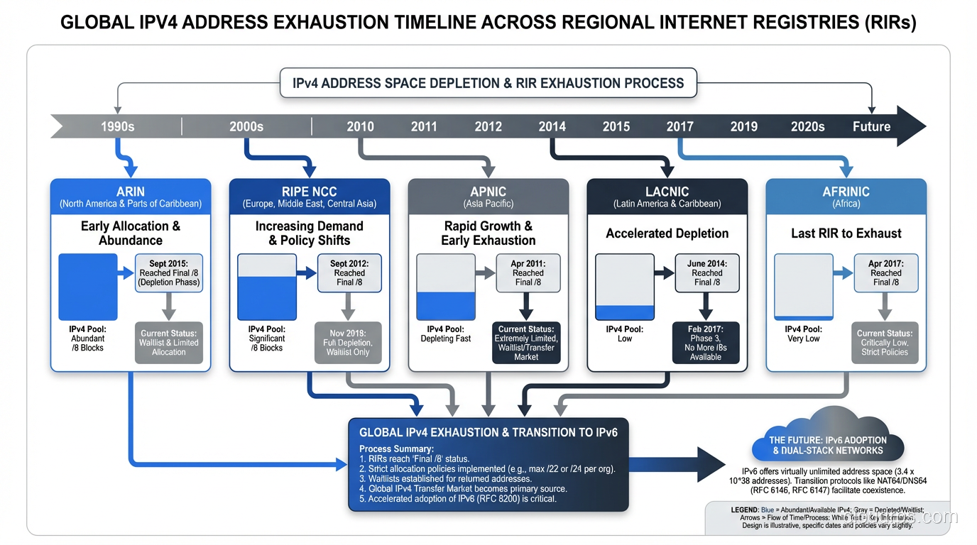 Chart showing IPv4 address exhaustion timeline across the five Regional Internet Registries